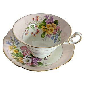 Vintage EB Foley Bone China Tea Cup And Saucer Floral Pink White Flower Gold Rim